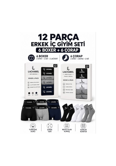 Ac&Co / Altınyıldız Classics Erkek 12'li İç Giyim Seti Pamuklu 6 Boxer 6 Çorap Çoklu Paket - Siyah - Lacivert - Gri - Beyaz Çok Renkli