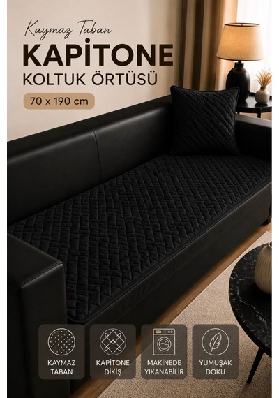 Kaymaz Taban Kapitone Koltuk Örtüsü Çekyat Koruyucu 70x190 Cm Siyah