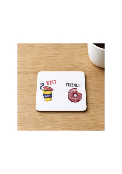 Best Friends Kahve Donut Baskılı 9x9 Cm Kare Mdf Bardak Altlığı - Arkadaşa Hediye Ahşap Çok Renkli