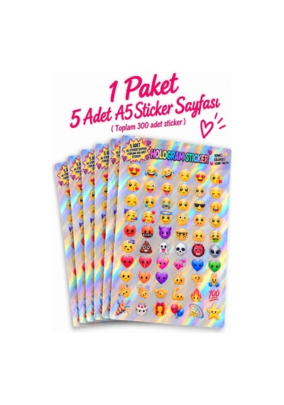 Renkl Hologram Emoji Sticker Seti 5li A5 Toplam 250 Adet Çok Renkli