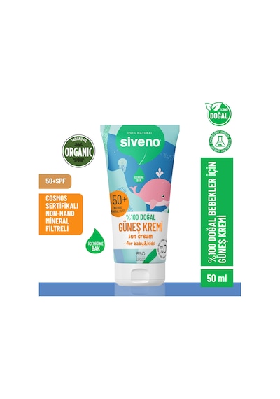 Siveno %100 Doğal Bebek Güneş Kremi Leke Karşıtı  Nemlendirici Bitkisel Vegan UVA UVB SPF 50+ 50 ML
