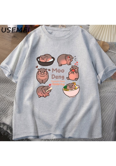 Flood Of Style Tayland Yılında Moo Deng Bouncy Domuz Bebek Hippo Khao Kheow Açık Hayvanat Bahçesi T-shirt Ko Gri