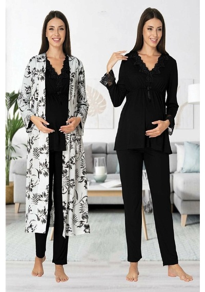 Effortt Hamile Kadın Lohusa Sabahlıklı Siyah Renk Alt Üst Pijama Takımı 8094 Siyah