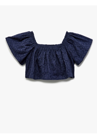 Koton Pamuklu Brodeli Fistolu Kısa Kollu Crop Bluz Lacivert 5skg60065aw Lacivert