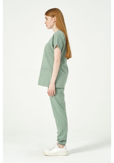 Çağla Yeşili Likralı Scrubs Jogger Paça Doktor Hemşire Forması Yarasa Kol Takım Unisex