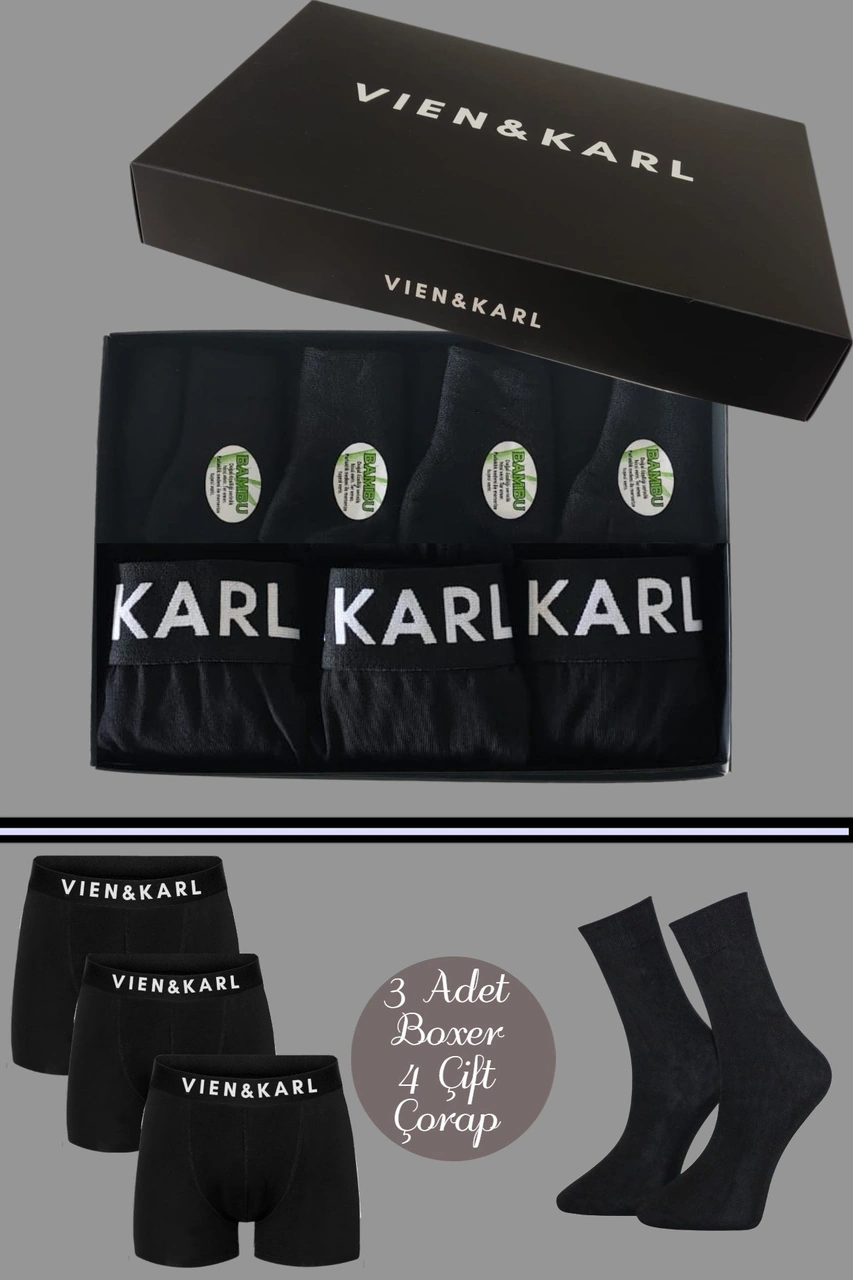 Vien&Karl Erkek Premium Kutuda 3 Siyah Boxer 4 Bambu Çorap Set 6'lı Bx-crp-syh