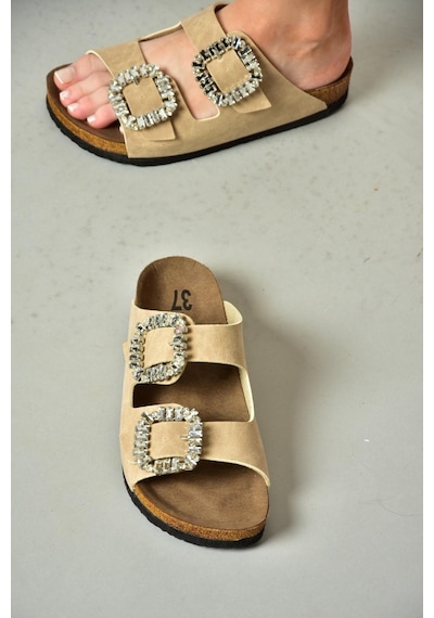 Fox Shoes K777604802 Bej Çift Tokalı Taşlı Kadın Terlik Bej