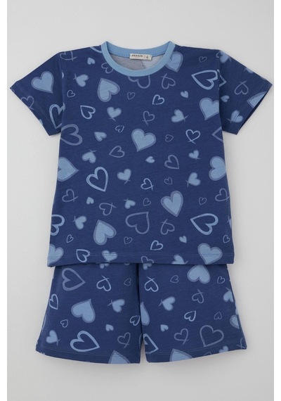 Breeze Kız Çocuk Şortlu Pijama Takımı Kalp Desenli 4-8 Yaş, İndigo