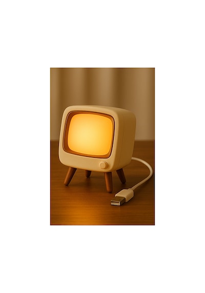 Retro Tv Tasarımlı Usb Gece Lambası Dekoratif Masa Ve Gece Işığı Bej