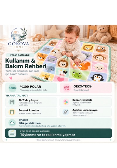 Renkli Kare Hayvanat Bahçesi Serisi Çoban Dikişli %100 Polar Bebek Battaniyesi 80x100 CM Oeko-tex Çok renkli