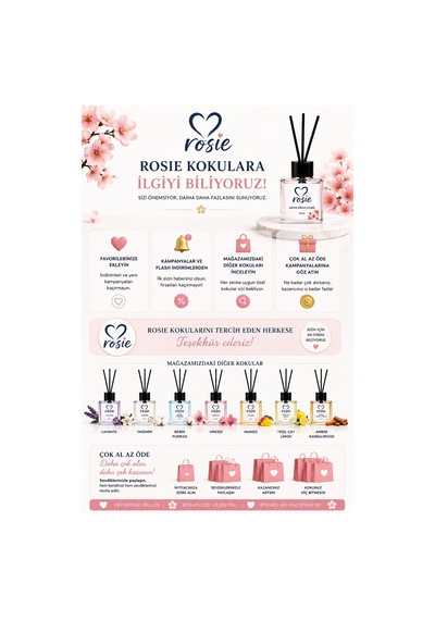 Rosie Japon Kiraz Çiçeği Çubuklu Oda Kokusu, Premium Cam Şişe, Kalıcı Ortam Kokusu, Dekoratif Reed Diffuser