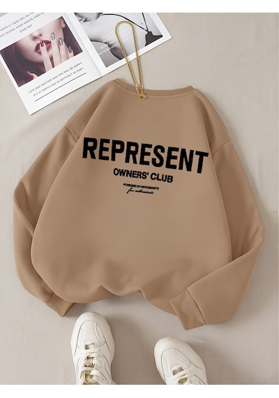 Startmore Kahverengi Unisex Erkek/kadın Renkli Represent Özel Baskılı Oversize Pamuklu Bisiklet Yaka