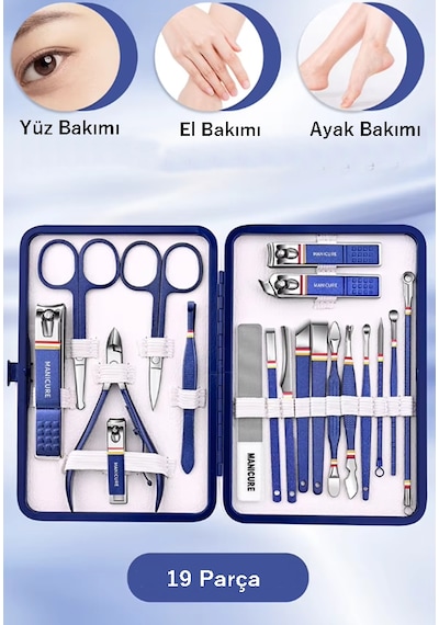Gaman 19 Parça Lacivert, Özel Kutuda Cam Törpülü Paslanmaz Çelik Manikür Pedikür El-ayak-yüz Bakım Seti