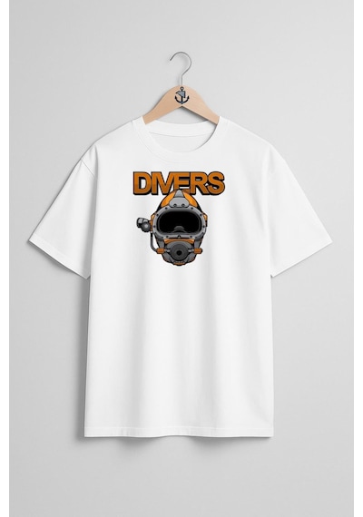 Oversize Divers Dalgıç Başlığı Göğüs Ve Sırt Tasarımlı Unisex T-shirt Beyaz