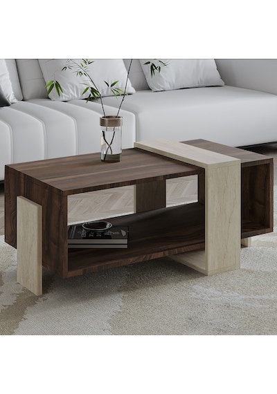Meleni Orta Sehpa 90 Cm Modern Tasarım Raflı Traverten/ceviz