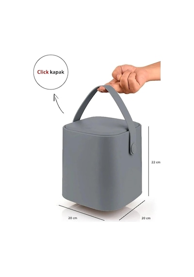 Tutma Saplı İç Kovalı Tezgah Üstü Mutfak Çöp Kovası, 4 Litre, Kilitli Kapak, Click Kapak, 20x20 Gri