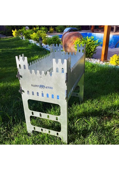 Kamp Ayısı Castlegrill 2mm Galvaniz Çelik, Katlanır, 13 Şiş Kapasiteli Şiş Mangalı Ve Ateş Çukuru Gri