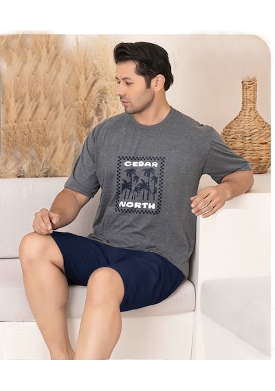 Lukitus Kısa Kol Süprem Erkek Büyük Beden Şortlu Pijama Takımı Füme