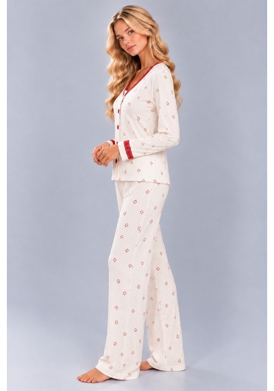 Pijamask Kadın Çiçek Ve Kelebek Desenli V Yaka Düğmeli Uzun Kollu Kaşkorse Pijama Takımı Beyaz-5 Pijamask Kadın Çiçek Ve Kelebek Desenli V Yaka Düğmeli Uzun Kollu Kaşkorse Pijama Takımı Beyaz-5