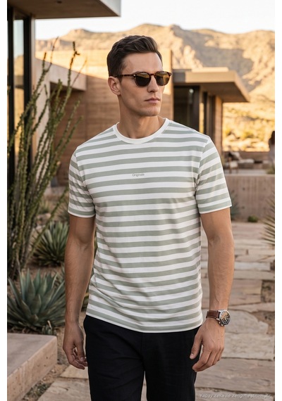 Buratti Çizgili Pamuklu Relaxed Fit Bisiklet Yaka T Shirt Erkek T Shirt 5904078 Elma Yeşili