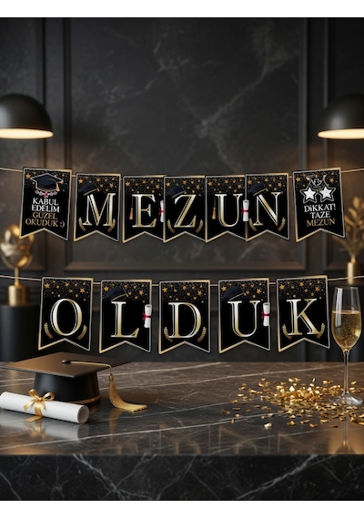 Mezun Olduk Mezuniyet Banner Siyah Gold Parti Süsü Dekorasyon Afişi Diğer
