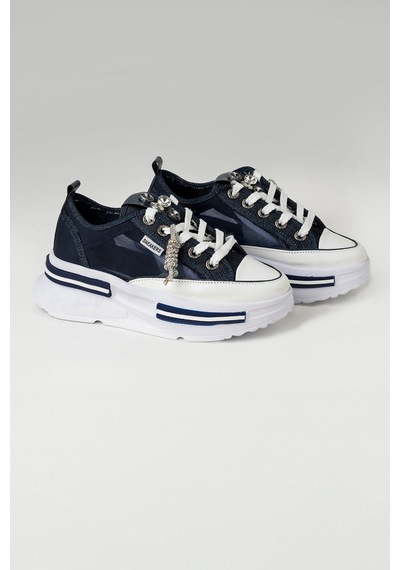 Tw Tonny White Tokyo - 172 Tül Detaylı Keten Sneakers Topuk Boyu 5cm Lacivert