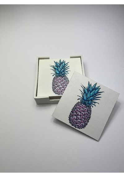 6 Lı Ahşap Bardak Altlığı Seti Kutulu - Ananas Desenli 1