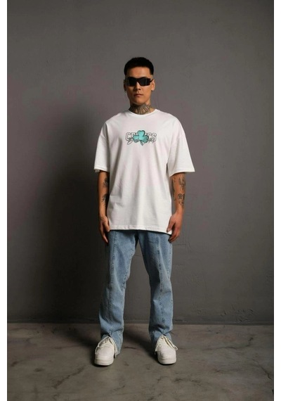 Wear Vexel Erkek Kısa Kol Yazlık Tişört Bisiklet Yaka Baskılı Oversize T-shirt - Beyaz Çok Renkli