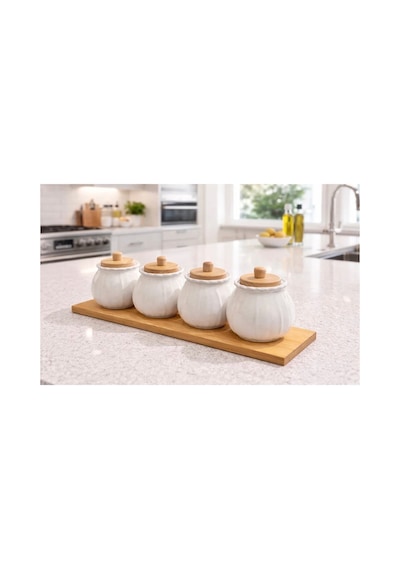 4 Lü Bambu Standlı Porselen Baharatlık Set Baharat Saklama Kavanoz Takımı Diğer