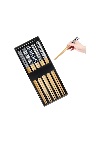 Valkyrie 5 Çift Doğal Ahşap Yemek Çubuğu Seti Japon Desenli Kaymaz Uçlu Kutulu 22,5cm Chopstick Seti