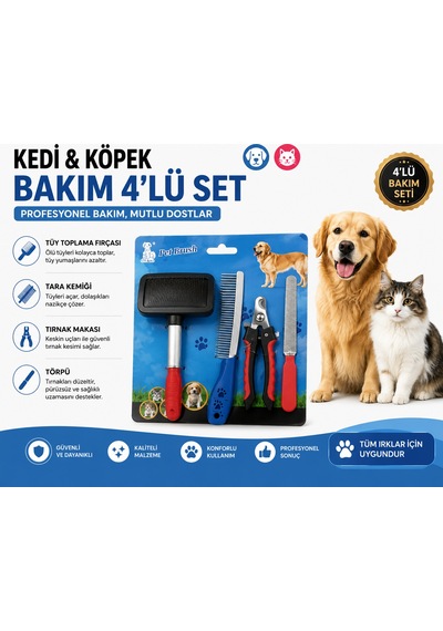 Kedi Köpek Bakım Seti 4 Lü Tüy Toplama Fırçası Tarak Tırnak Makası Ve Törpü