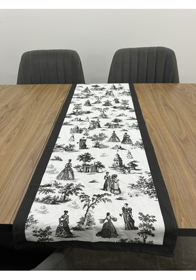 Toile De Jouy Paris Runner 40x110 Cm %100 Pamuk Dijital Baskılı Masa Örtüsü Klasik Fransız Tarzı Masa Dekoru - Zt700 Siyah