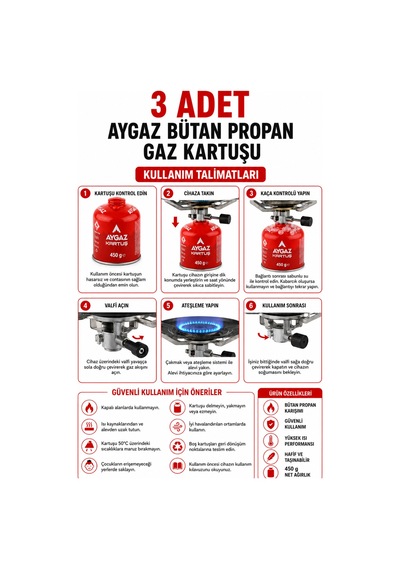 Gaz Kartuşu Bütan Propan Karışımlı Kamp Ocağı Kartuşu 3 Adet 450 G Kırmızı