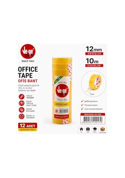 Ve-ge Ofis Bandı 12 Mm X 10 M 12 Adet Şeffaf Bant