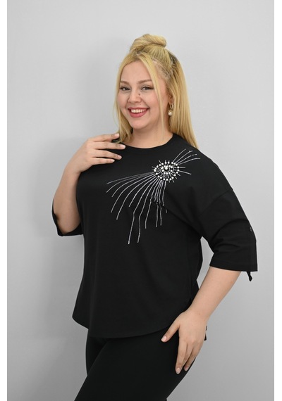 Koza Butik Kadın Büyük Beden Kısa Kollu Taş Ve İnci Baskı Detaylı Oversize T-shirt 1925-25 Saks
