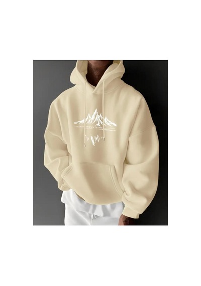 Herkesemoda Mountains Baskı Detaylı İçi Polarlı Kapüşonlu Sweatshirt Bej