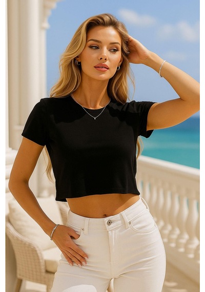 Kadın Siyah Kısa Kollu Oversize Crop - Pamuklu Basic Rahat Kesim T-shirt Çok Renkli
