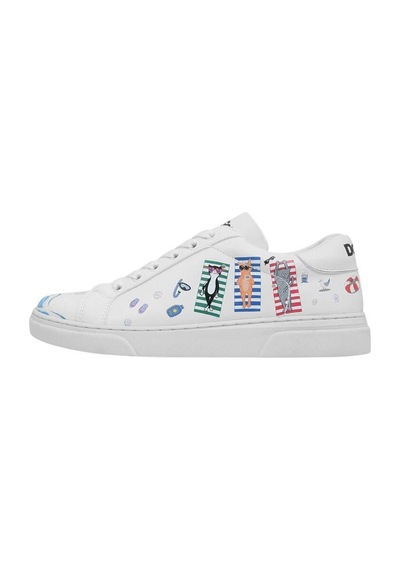 Kadın Vegan Deri Beyaz Sneakers - Cats On The Beach Tasarım Çok Renkli