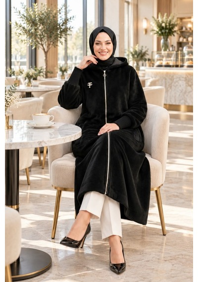 Hb Harma Time Butik Kadın Fermuarlı Kapüşonlu Angora Siyah Kürk Kaban