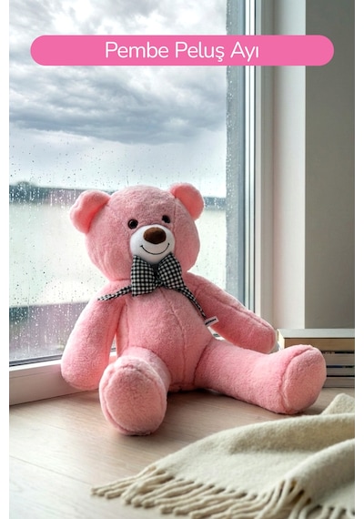 80 Cm Büyük Boy Yumuşak Papyonlu Oyuncak Ayıcık Pembe