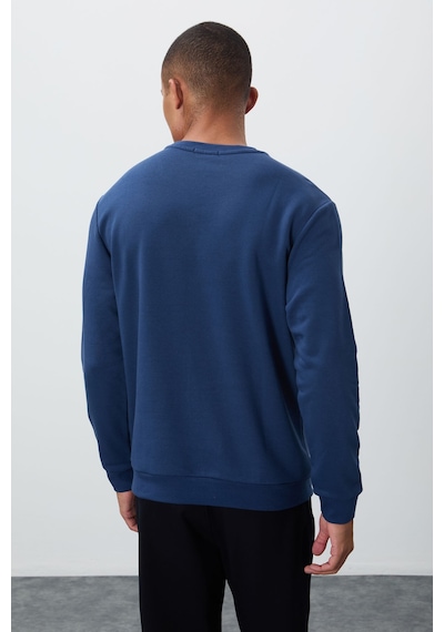Tommy Life İndigo Yazı Nakışlı O Yaka Rahat Form İçi Polarlı Erkek Sweatshirt - 88020 Indıgo