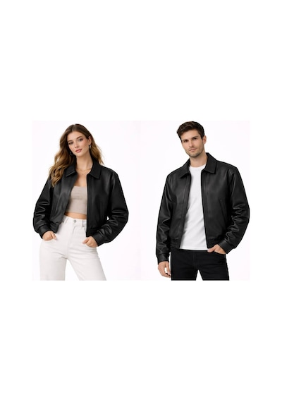 Unisex Oversize Deri Ceket - Çift Kombinleri Siyah Deri