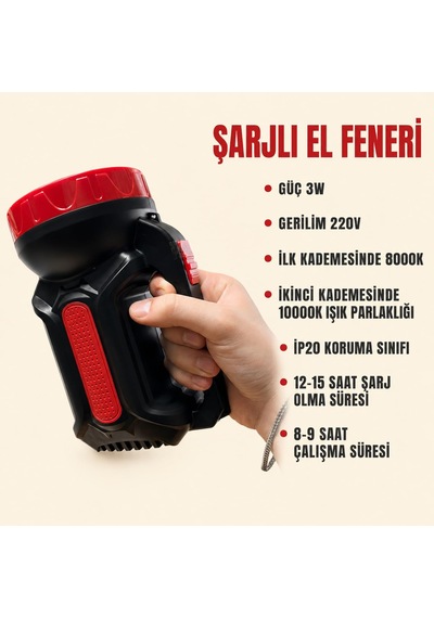 Şarjlı El Feneri 3w 2 Kademeli Güçlü Işık, 8-9 Saat Kullanım