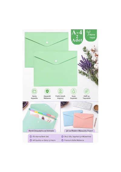 Nane Yeşil Çıtçıtlı Dosya Pastel Renk A4 2 Adet Dosy Plastik Renkli Zarf Dosya Çıt Çıtlı Dosya Ödev Evrak Belge Saklama