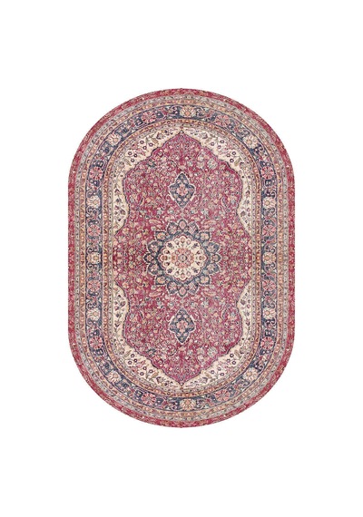 Vintage Desenli Pamuk Taban Baskılı Oval Halı Kırmızı