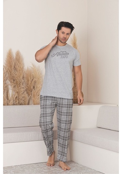Sude Homewear Erkek Ekoseli Kısa Kol Pijama Takımı Gri
