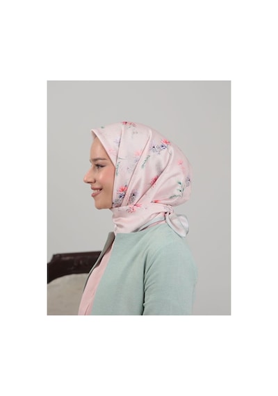 Bushu Çiçek Ve Desenli Twill Eşarp Pembe Çıtır Çiçek
