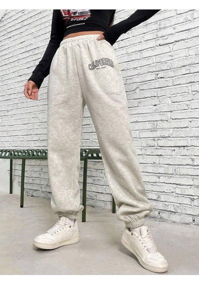 West Coast Eşofman Altı Jogger - Gri Baskılı Lastik Paça Yüksel Bel Gri