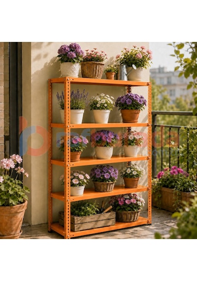 5 Katlı Renkli Dekoratif Çelik Raf - Çiçeklik Rafı, Ofis Rafı 0,70 Mm Mavi-59x75 Cm-200 Cm