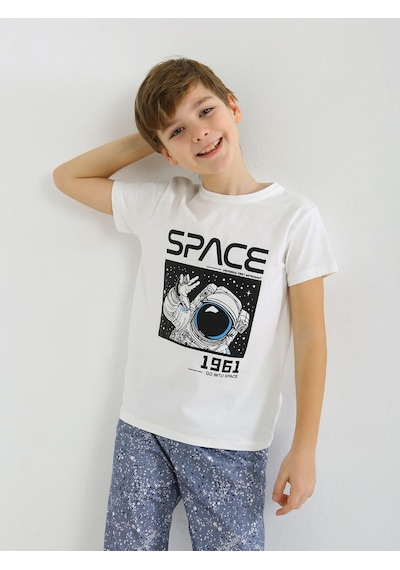 Vitmo Erkek Çocuk Kısa Kollu %100 Pamuklu Pijama Takımı Go Space Ekru